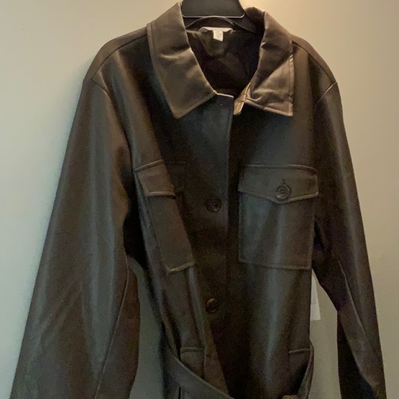 Brown Faux Leather Belted Jacket - Picture 5 of 5